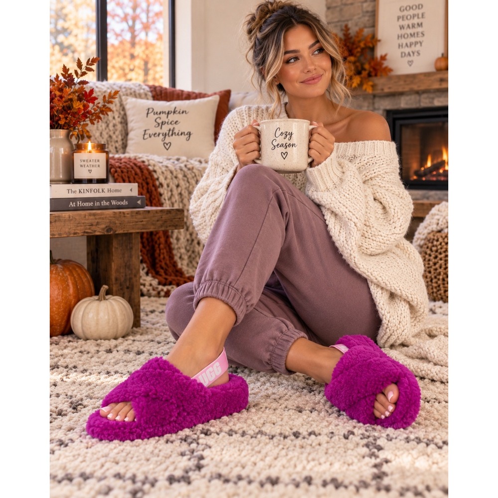 UGG Fluff Yeah Women Size 9 Fuchsia Shearling Platform Slides Slippers Y2K